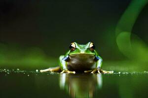 ein Frosch Sitzung auf das Wasser Oberfläche mit Grün Blätter. KI-generiert foto