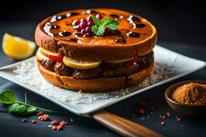 ein Kuchen mit Obst und Gewürze auf ein Platte. KI-generiert foto