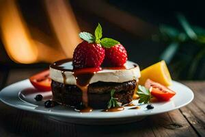 ein Dessert mit Erdbeeren und Sahne auf ein Platte. KI-generiert foto