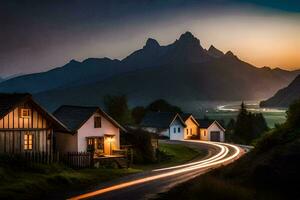 Foto Hintergrund das Himmel, Berge, Straße, Häuser, das Landschaft, das Berge, das Straße. KI-generiert