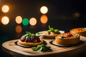 ein hölzern Tablett mit Essen auf es und Beleuchtung im das Hintergrund. KI-generiert foto