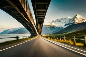 ein Autobahn unter ein Brücke mit Berge im das Hintergrund. KI-generiert foto