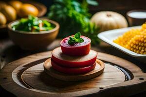 ein Teller mit ein Tomate, Mais und andere Gemüse. KI-generiert foto