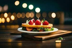 ein Dessert mit Erdbeeren und Brokkoli auf ein Platte. KI-generiert foto