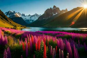 das Sonne scheint Über ein See und lila Blumen im das Vordergrund. KI-generiert foto