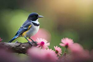 ein Vogel sitzt auf ein Ast mit Rosa Blumen. KI-generiert foto