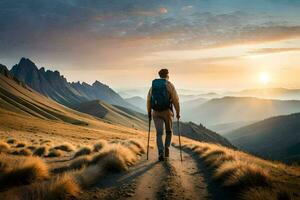 ein Mann mit ein Rucksack und Wanderung Stangen Spaziergänge auf ein Weg im das Berge. KI-generiert foto