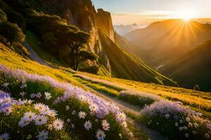 das Sonne steigt an Über das Berge im das Hintergrund. KI-generiert foto