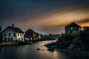 ein Fluss läuft durch ein Stadt, Dorf beim Sonnenuntergang. KI-generiert foto