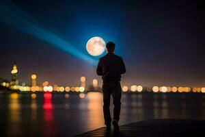 ein Mann Stehen auf ein Dock suchen beim das Mond. KI-generiert foto