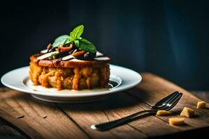 ein Dessert auf ein Teller mit ein Gabel. KI-generiert foto