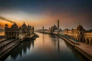 das Sonne steigt an Über das Wasser und das Palast im Indien. KI-generiert foto