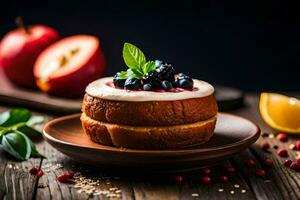 ein Kuchen mit Beeren und Äpfel auf ein hölzern Tisch. KI-generiert foto