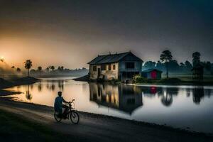 ein Mann Fahrten seine Fahrrad entlang das Straße in der Nähe von ein See. KI-generiert foto