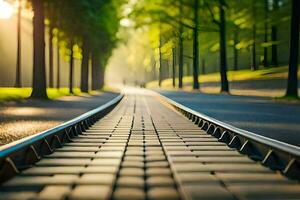 ein lange Straße mit Bäume und ein Zug Schiene. KI-generiert foto