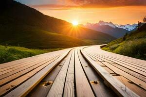 ein hölzern Promenade führt zu das Sonne. KI-generiert foto