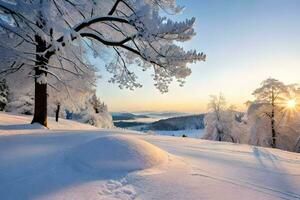 Schnee bedeckt Bäume und das Sonne Rahmen Über ein schneebedeckt Landschaft. KI-generiert foto