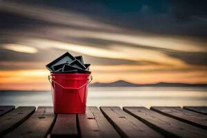 ein rot Eimer Sitzung auf ein hölzern Deck mit ein Sonnenuntergang im das Hintergrund. KI-generiert foto