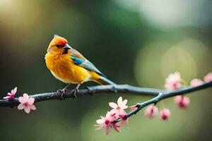 ein klein Vogel ist thront auf ein Ast mit Rosa Blumen. KI-generiert foto