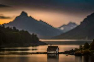 ein klein Haus sitzt auf das Ufer von ein See beim Sonnenuntergang. KI-generiert foto