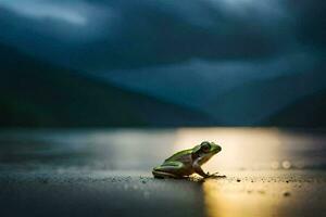 ein Frosch Sitzung auf das Boden im Vorderseite von ein See. KI-generiert foto