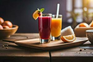 zwei Brille von Orange Saft und Orange Scheiben auf ein hölzern Tablett. KI-generiert foto