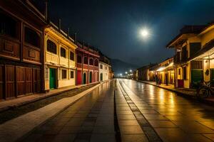 ein Straße beim Nacht mit ein voll Mond leuchtenden runter. KI-generiert foto