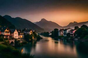 Foto Hintergrund das Himmel, Berge, Fluss, Häuser, Berge, Fluss, das Berge, Die. KI-generiert