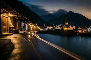 ein lange Exposition Foto von ein Stadt, Dorf beim Nacht. KI-generiert