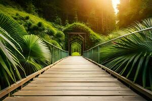 ein hölzern Brücke führt zu ein üppig Grün Wald. KI-generiert foto