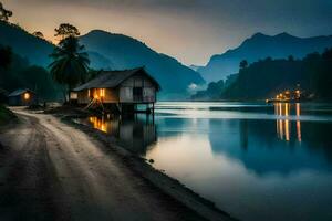 ein klein Hütte sitzt auf das Seite von ein Fluss beim Nacht. KI-generiert foto