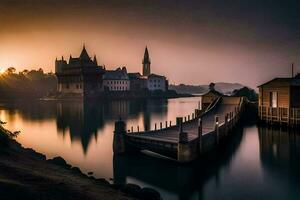 ein Seebrücke mit ein Schloss im das Hintergrund. KI-generiert foto