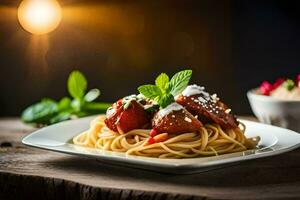 Spaghetti mit Fleischklößchen und Soße auf ein Platte. KI-generiert foto