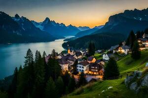 das Dorf von Alpbach, Schweiz beim Sonnenuntergang. KI-generiert foto