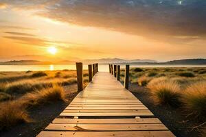 ein hölzern Promenade führt zu das Sonnenuntergang auf ein Strand. KI-generiert foto