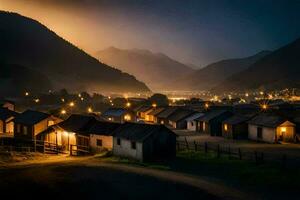 ein Dorf beim Nacht mit Beleuchtung auf das Dächer. KI-generiert foto