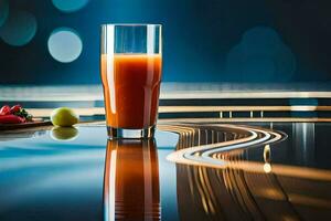 ein Glas von Orange Saft Sitzung auf ein Tisch. KI-generiert foto