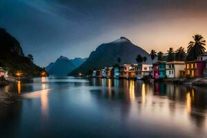 Häuser auf das Wasser im Vorderseite von Berge. KI-generiert foto