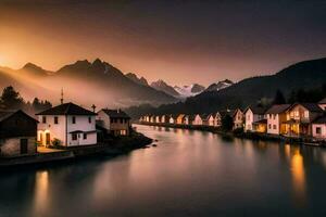 ein Fluss läuft durch ein Stadt, Dorf beim Sonnenuntergang. KI-generiert foto