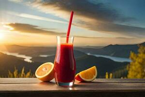 ein Glas von Saft mit Orangen und ein Stroh auf ein Tabelle mit ein Aussicht von das Berge. KI-generiert foto