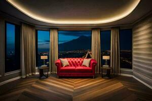 ein rot Couch sitzt im Vorderseite von ein Fenster mit ein Aussicht von das Stadt. KI-generiert foto