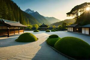 ein japanisch Garten mit ein Berg im das Hintergrund. KI-generiert foto