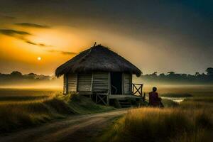 ein Mann steht im Vorderseite von ein Hütte beim Sonnenaufgang. KI-generiert foto