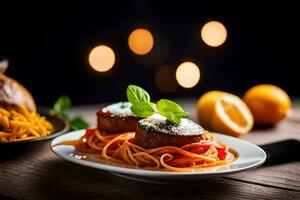 Spaghetti mit Fleischklößchen und Soße auf ein Platte. KI-generiert foto