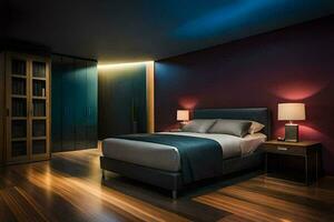 ein modern Schlafzimmer mit dunkel Holz Böden und ein Bett. KI-generiert foto