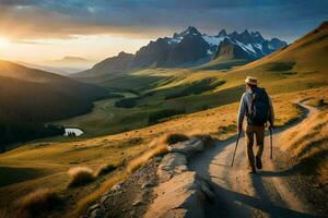 ein Mann mit ein Rucksack und Wanderung Stangen Spaziergänge entlang ein Pfad im das Berge. KI-generiert foto