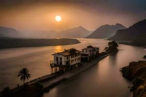 ein Haus sitzt auf das Kante von ein Fluss mit das Sonne Rahmen hinter Es. KI-generiert foto