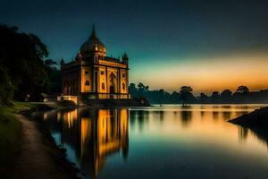 das Sonnenuntergang spiegelt auf das Wasser im Vorderseite von ein Tempel. KI-generiert foto