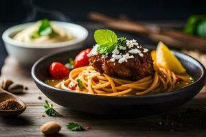 Spaghetti mit Fleischklößchen und Soße im ein Schüssel. KI-generiert foto