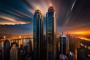 zwei hoch Gebäude im das Stadt beim Sonnenuntergang. KI-generiert foto